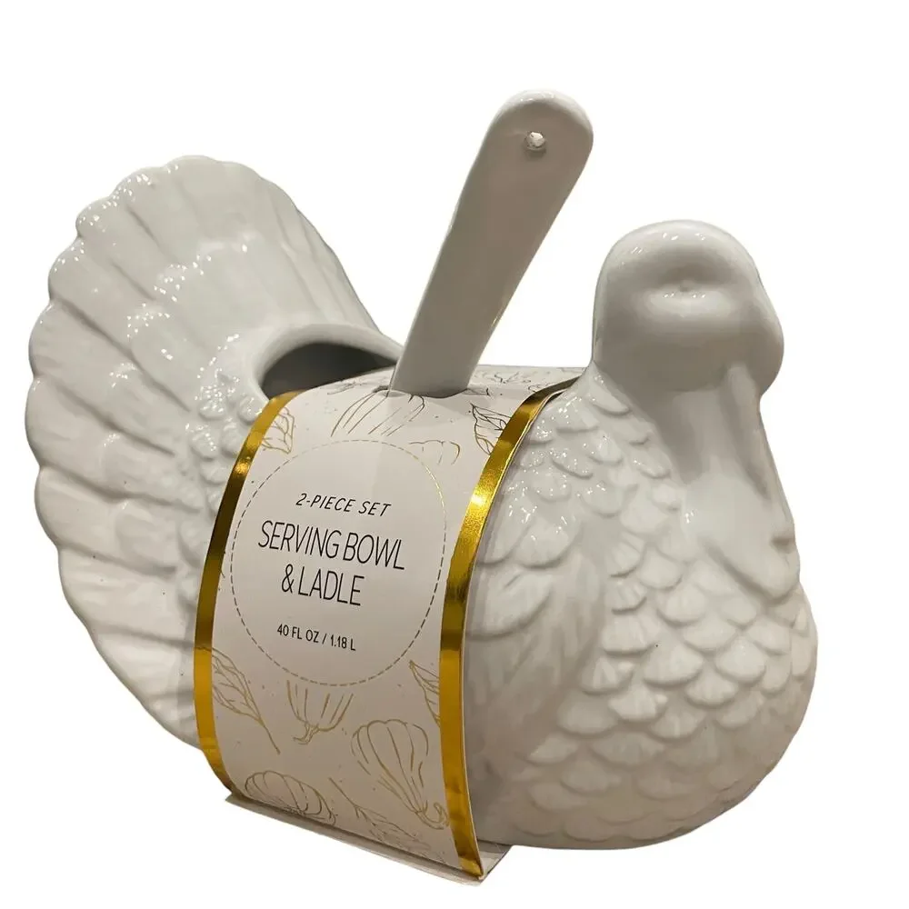 Turkey Shaped Serving Bowl and Ladle 2 Piece Set White 7in New